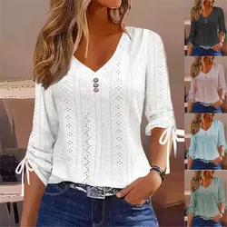 Women Long Sleeve White Blouses Women's Fashion Trends Casual Button V-Neck T Shirts Casual Elegant Female Hollow Out Bow Tops