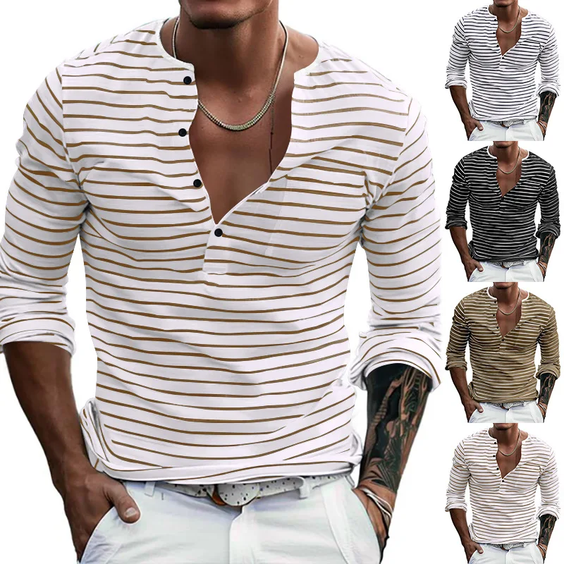 Summer/Autumn Men's Striped Henry Collar V-neck Long-Sleeved Slim-Fitting Breathable Daily Street Casual Long-Sleeved T-shirt
