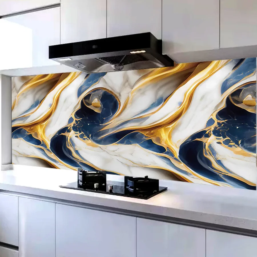 Gilded Blue Marble Wallpaper Self-adhesive Kitchen Stove Oil Proof Sticker Background Wall Decorative Wallpaper Wall Sticker