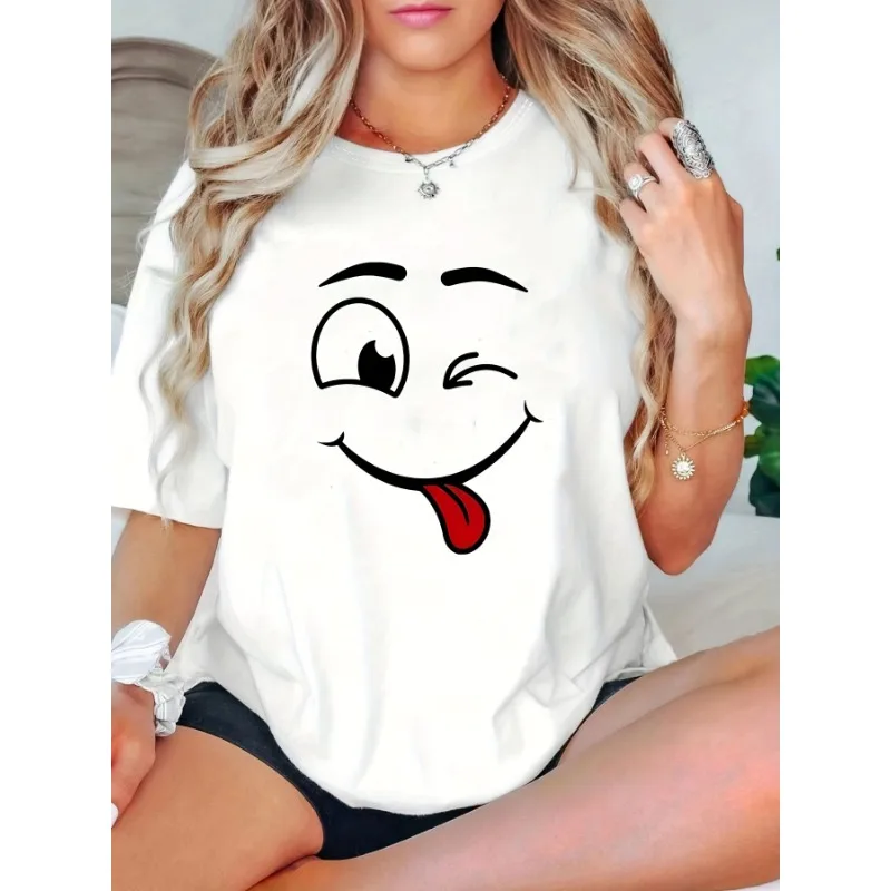 Ladies' T-shirt with Cute Smiling Face Pattern Short Sleeved Casual Round Neck Shirt Fashionable and Trendy Short Sleeved Shirt