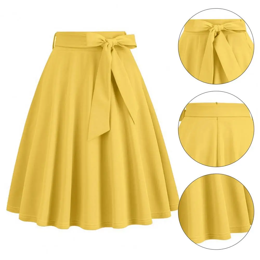 Women Party Skirt Belted Tight Waist Bow Decor A-line Big Swing Summer Skirt Solid Color High Waist Ruffle Dating Skirt