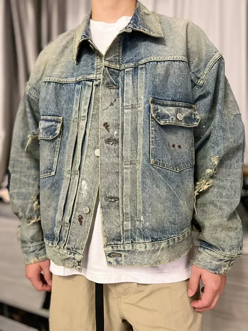 24ss Oversized SAINT MICHAEL Denim Jacket 1:1 Top Quality Washed Damaged Women Jackets Men Clothing