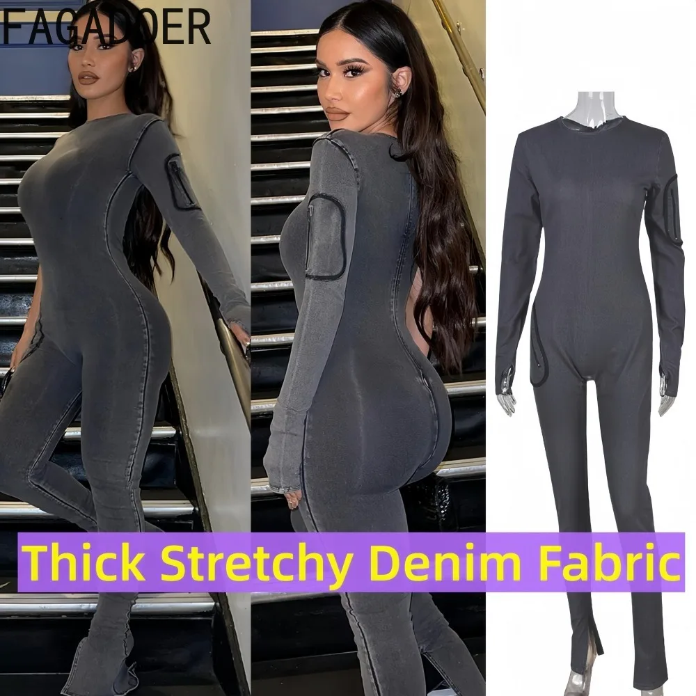 

FAGADOER Fashion Pocket Patchwork Bodycon Jumpsuit for Women Solid Long Sleeve Elasticity Rompers Female Streetwear Overalls