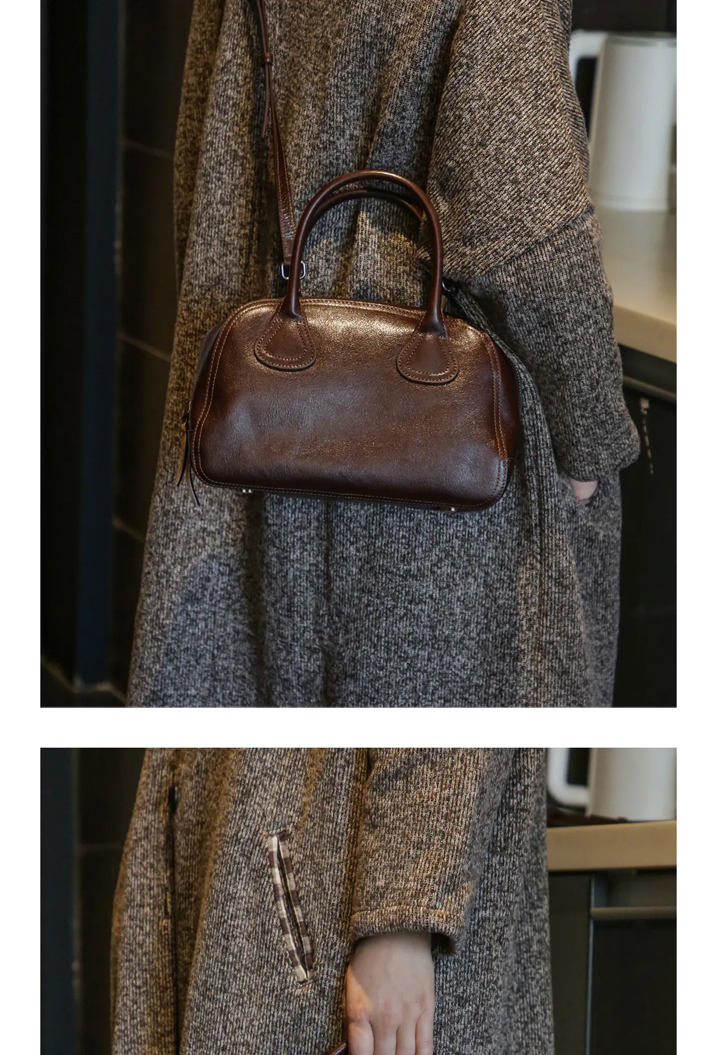 Einfache Vintage-Handtasche aus hochwertigem Echtleder für Damen, Luxus-Handtasche für Wochenendpartys, handgefertigte Schultertasche aus echtem Rindsleder für Frauen. – Detail 6