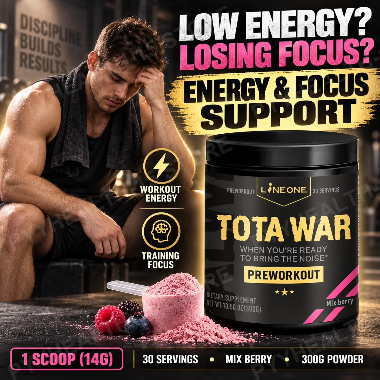 TOTA WAR PreWorkout Powder with L-Citrulline, Beta-Alanine & Caffeine for High Energy, Intense Focus, Mix Berry, 30 Servings