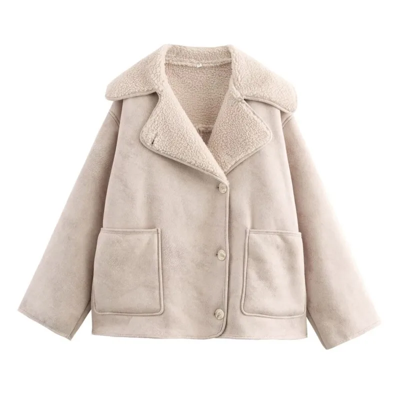 

2025 Autumn Women's Collared Faux Fur-Lined Jacket 3-Color Design Long-Sleeve Faux Fur & Leather Integrated Outerwear Warm Coat