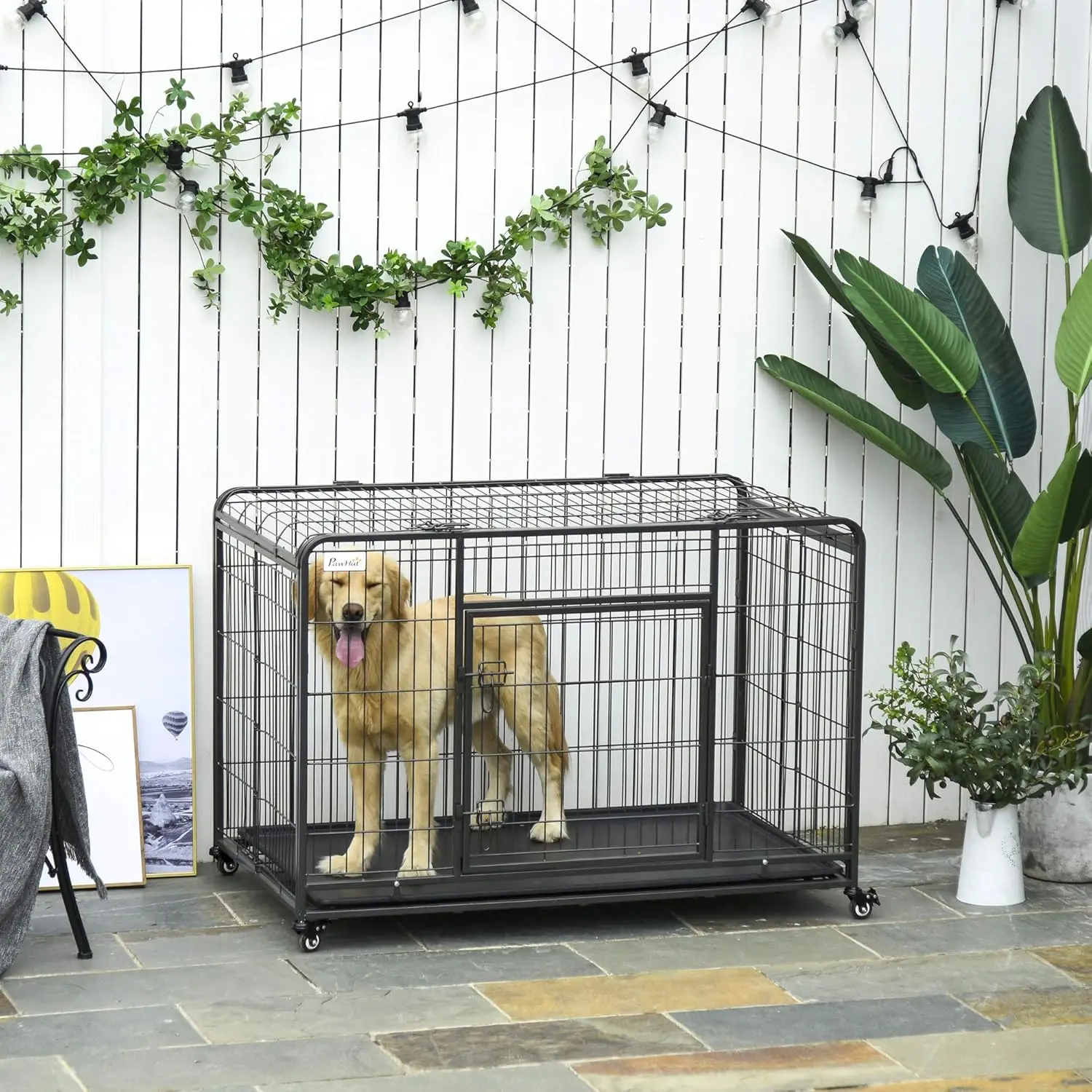 PawHut Folding Design Heavy Duty Metal Dog Cage Crate & Kennel with Removable Tray and Cover, & 4 Locking Wheels