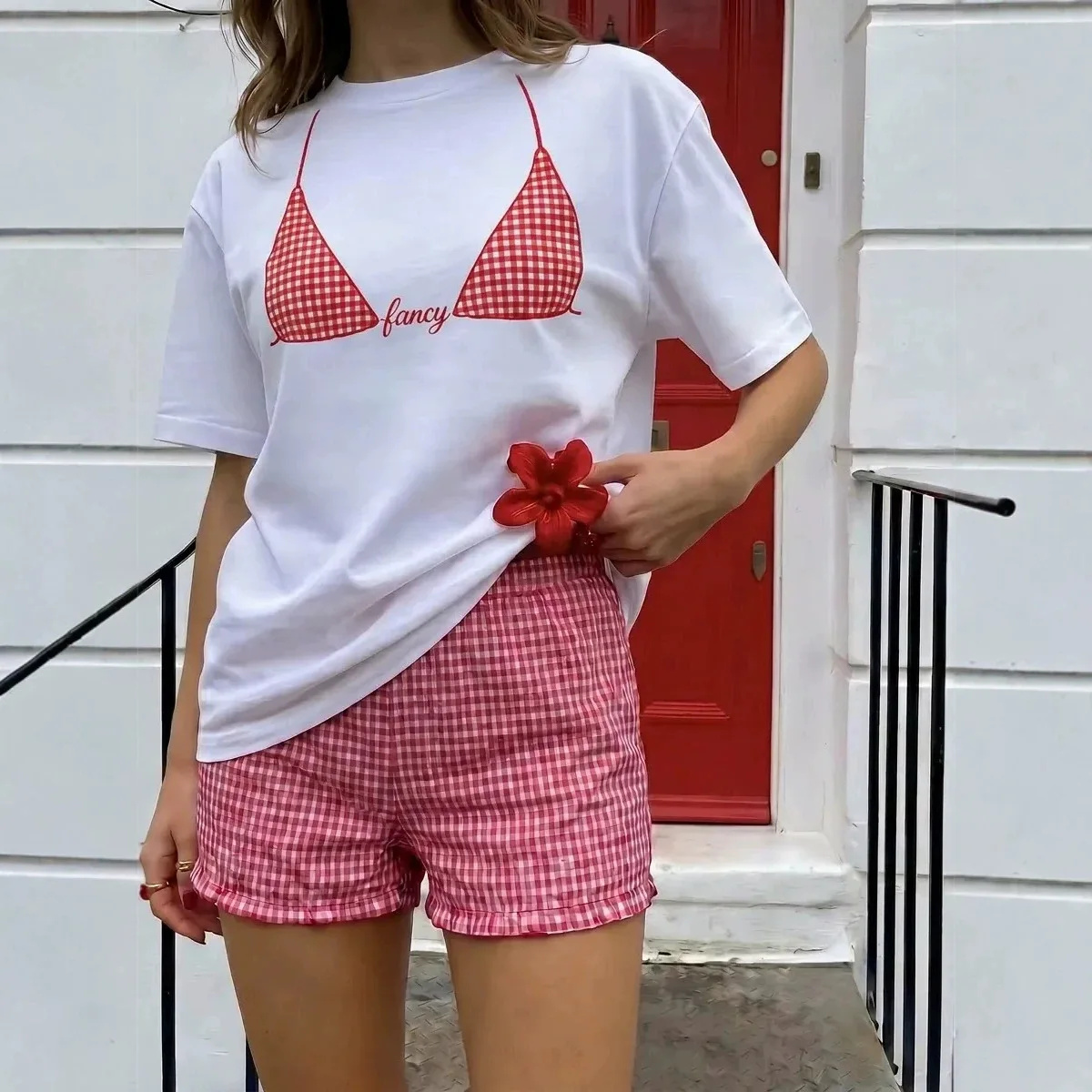 Beach Coquette Y2K Cute Red Gingham Bikini Print Oversized Tee Loose 100% Cotton Pastel Summer Vacation Casual Short Sleeve Top