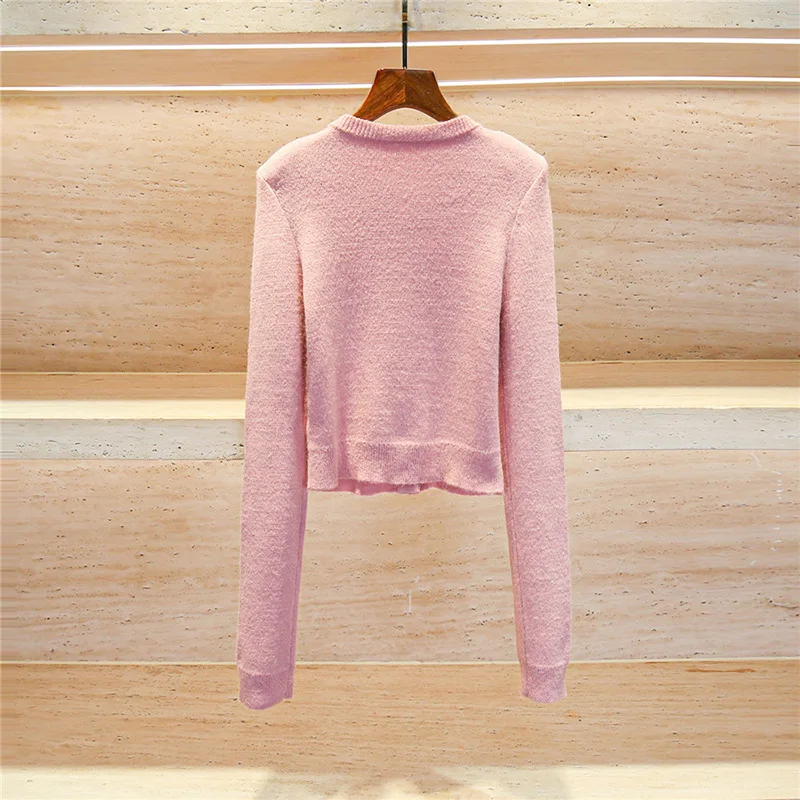 Wool knitted high-end pink elegant round neck diamond button light luxury short jacket trend slimming hip wrap skirt set