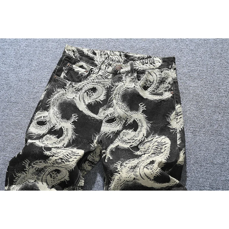 

Свободные прямые джинсы с вышитым принтом в китайском стиле для мужчин, молодежи, модные брюки в стиле ретро в стиле ретро