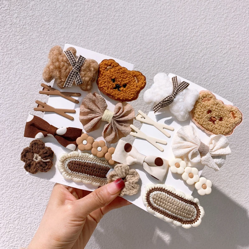 

9 шт./компл., детские заколки для волос с мультяшным медведем, осень-зима, плюшевая заколка для волос с милым бантом, заколки для маленьких девочек, детские аксессуары для волос