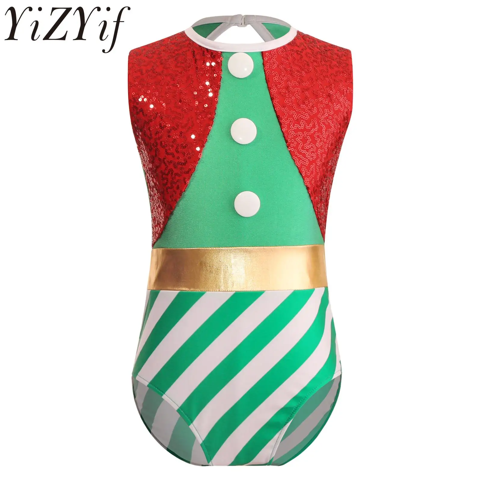 Girls Christmas Costume Sleeveless Sequins Candy Cane Stripes Bodysuit Xmas Dance Gymnastic Leotard for Holiday Party Festivals