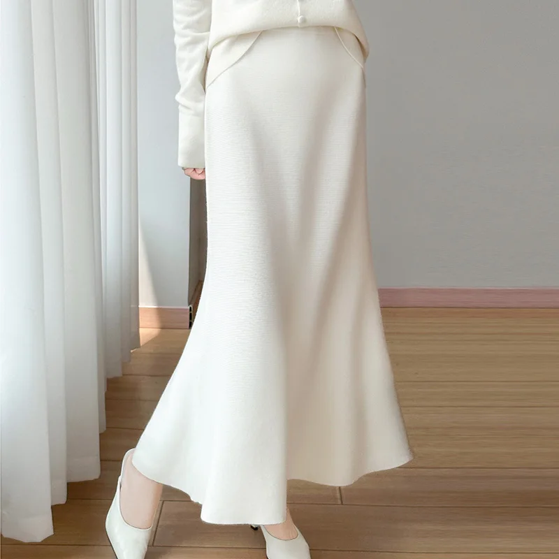 Meerjungfrau-Saum, exquisiter modischer Midirock, 100 % Merinowolle, trendiger klassischer Pullover, Midirock für Damen, Herbst und Winter, weicher Rock