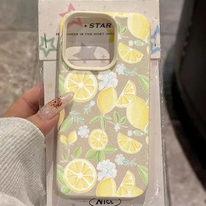 حافظة لهاتف آيفون 16 15 14 13 12 11 برو ماكس شريحة الليمون الأصفر Lichee نمط غطاء الهاتف آيفون 16 15 14 Plus Funda