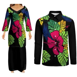 New Women'S Long-Sleeved Dress Polynesian Tribal Design Couple Suit With Men'S Aloha Long-Sleeved Shirt