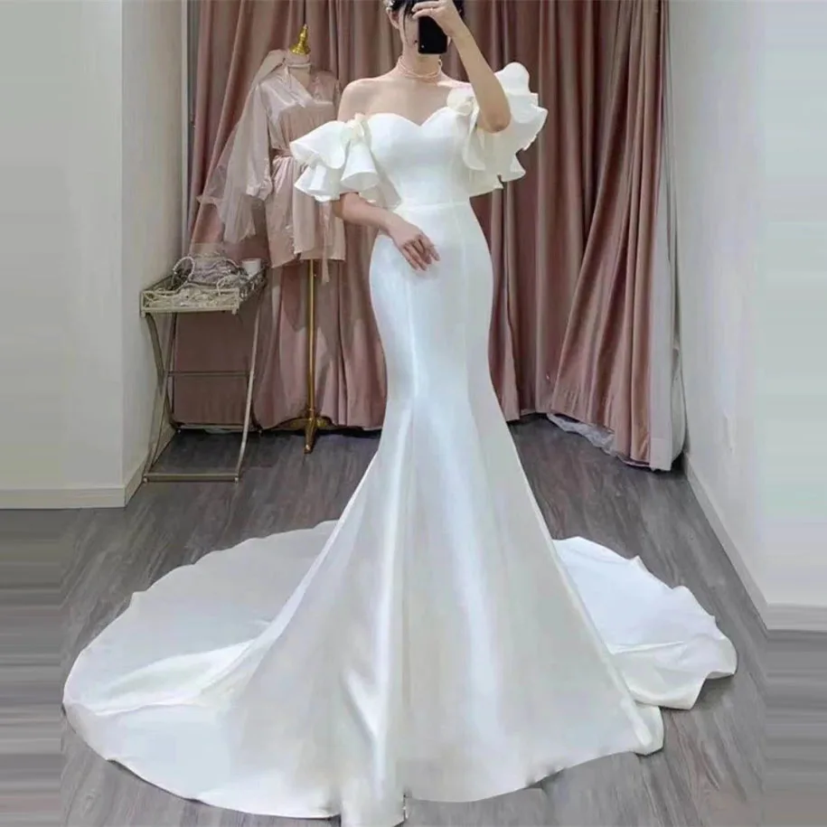 Mermaid Court Train Soft Satin Wedding Dress Elegant Off-Shoulder Lace-Up Bridal Gowns vestidos de mairee Wedding うでんぐどれす