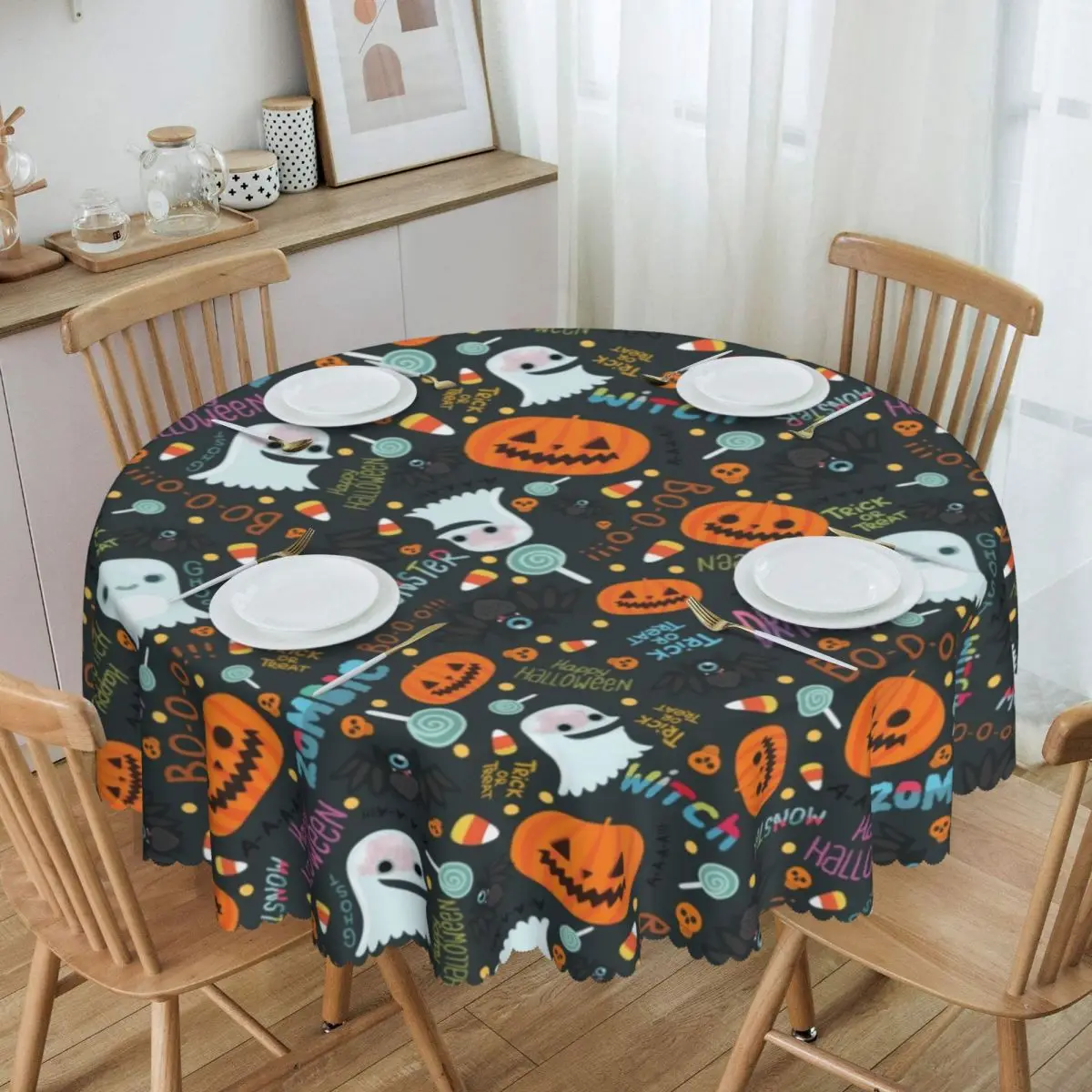 Customized Round Halloween Pumpkin Skull Pattern Tablecloth 60 inch Kitchen Dinning Table Cloth Waterproof Table Cover