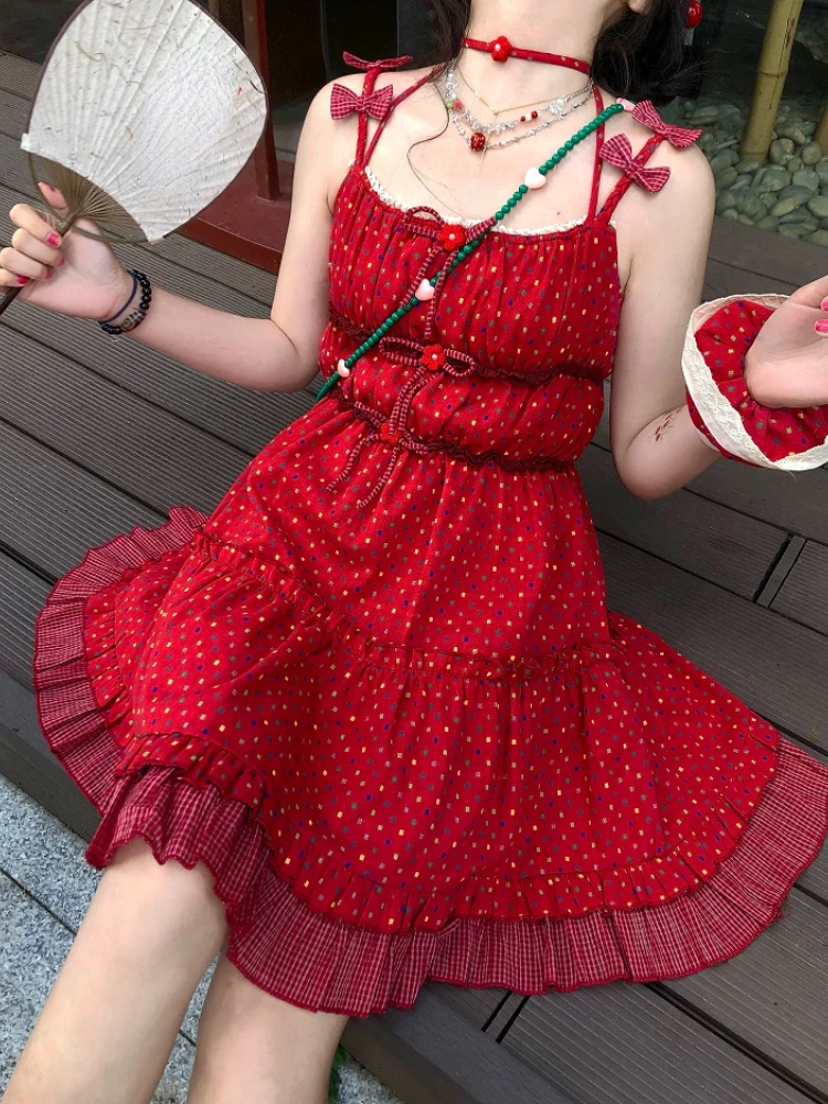 Summer Red Japanese Kawaii Mini Dress Women Bow Blue Lolita Sweet Strap Dress Female Beach Korean Casual Fairy Dress 2023 New