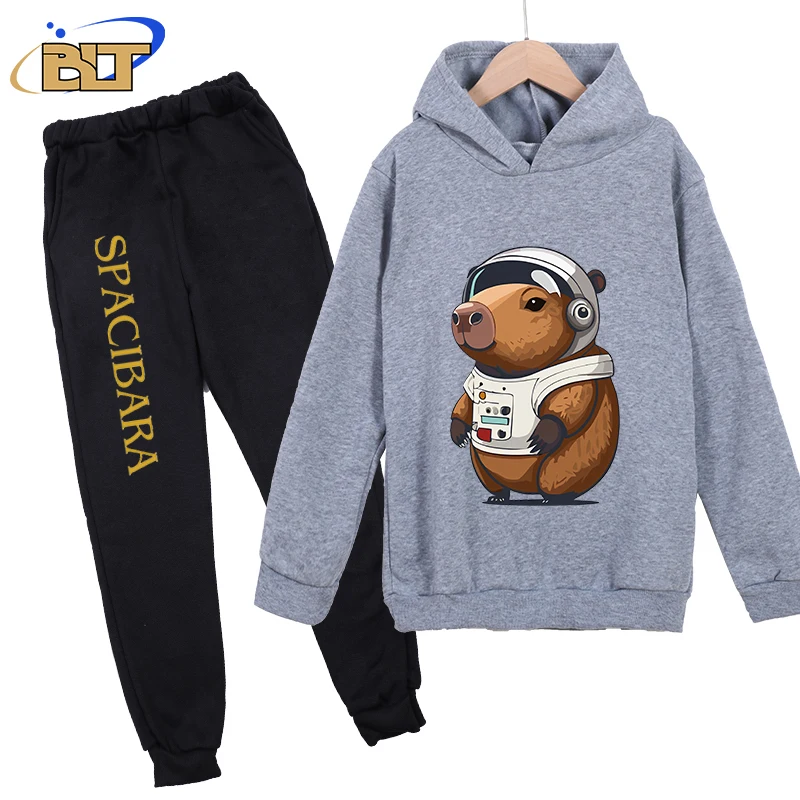 Abbigliamento per bambini stampato autunno e inverno maglione sportivo casual vestito grigio per bambini più pantaloni con cappuccio in velluto set da 2 pezzi