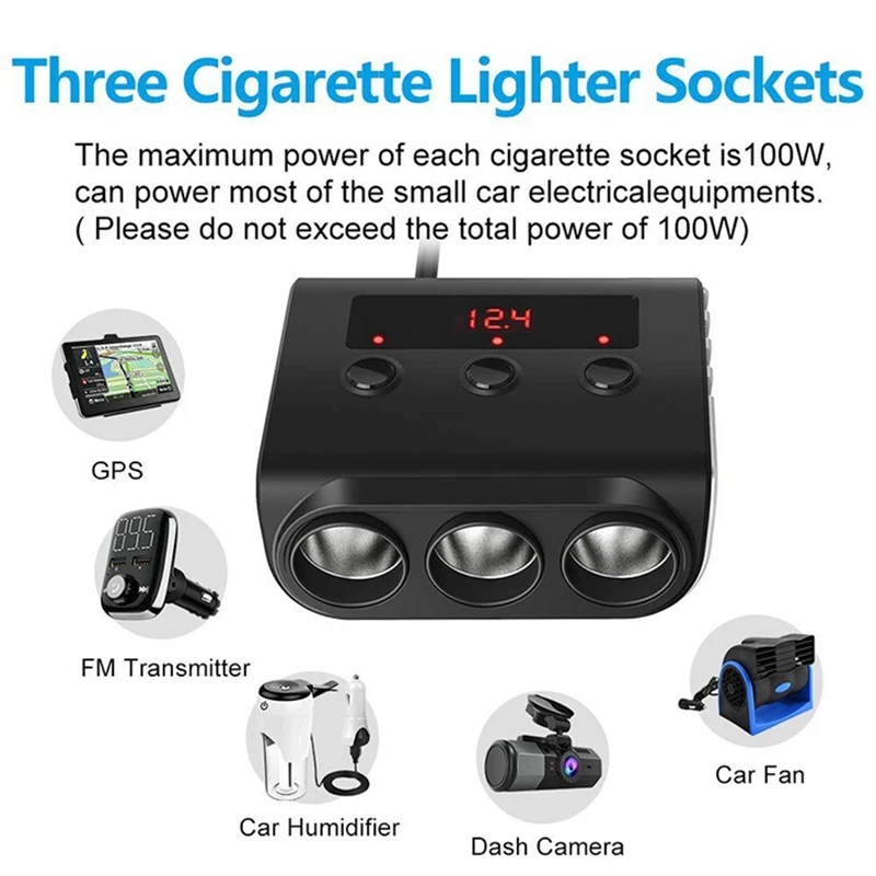 TR12 Car Lighter Triple-Evaporator With Switch Voltage Display 4 USB Car Lighter 120W Charger Reusable Durable Easy To Use Black