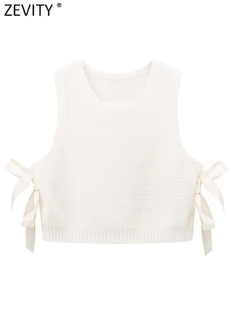 Zevity New Women Fashion Sleeveless Side Bow Tied Design Short Knitting Vest Sweater Female Chic Waistcoat Pullovers Tops SW6301