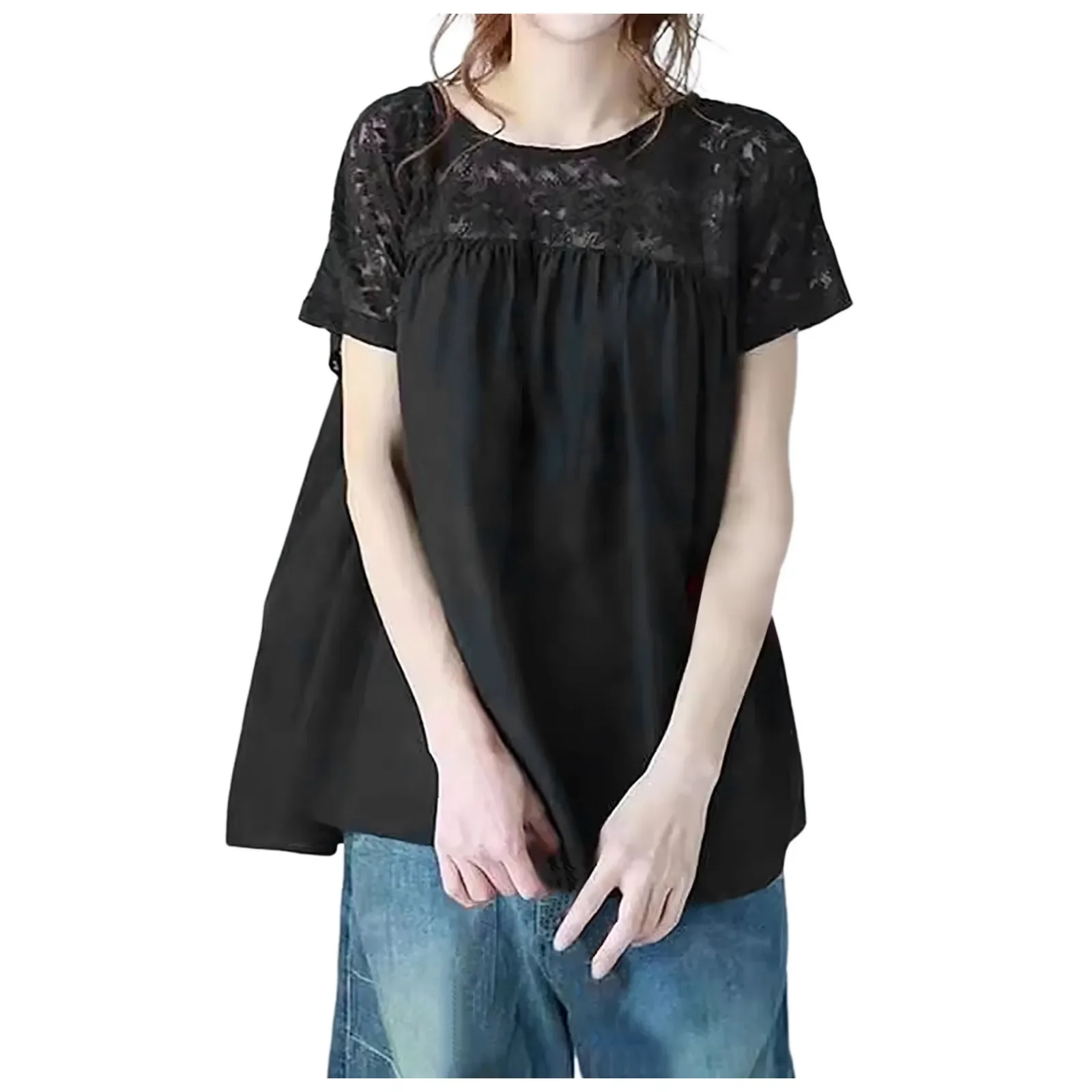 Summer Women's Blouse Lace Stitching Loose Fit Tops And Blouses Short Sleeve Solid Color Casual Pullover Top Blusa Feminina