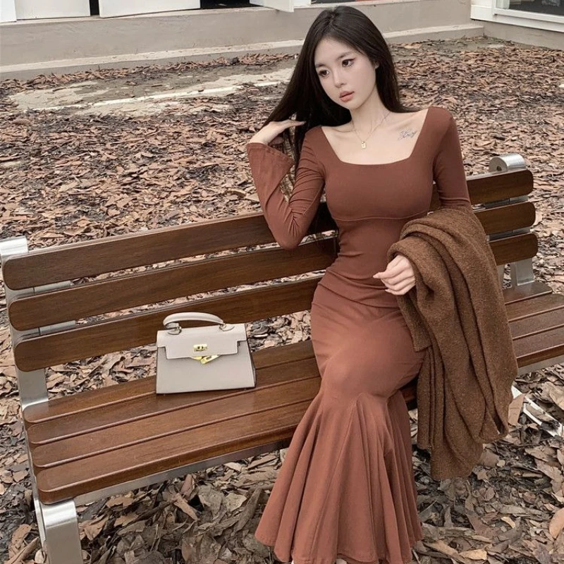 부드러운 여성용 긴팔 드레스 코튼 A라인 세일 고품질 럭셔리 섹시 K팝 비치 Y2K 피쉬테일 드레스