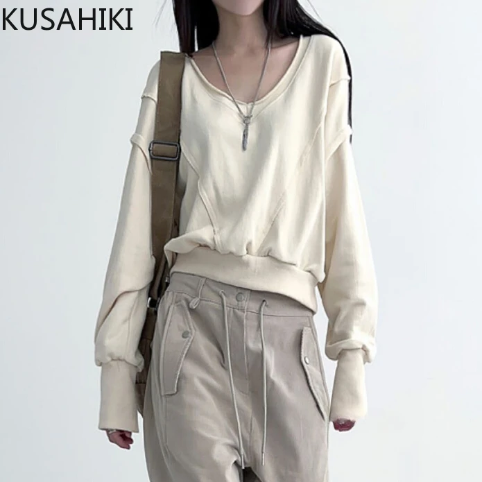 KUSAHIKI Autumn Fashion Burr Edge Solid V-Neck Pullover Shoulder Drop Short Sweatshirt Long Sleeve Top for Women Jumper