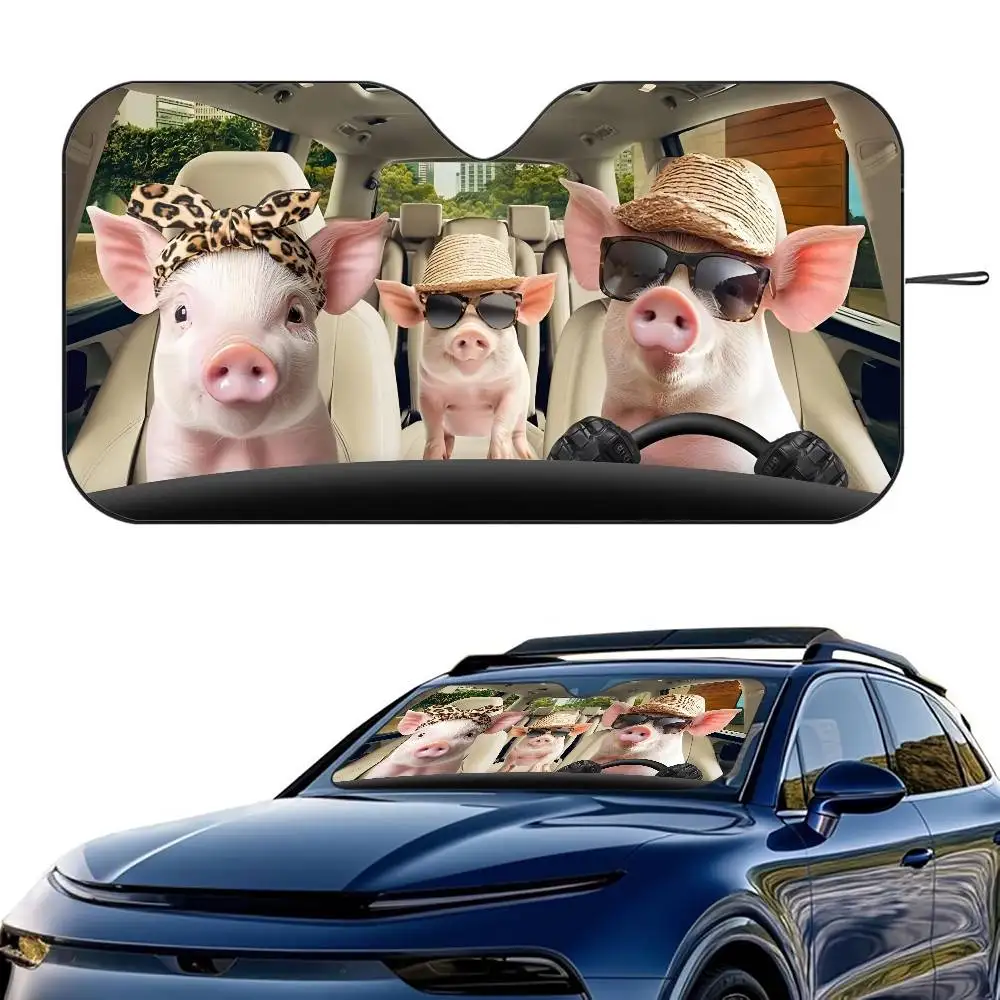 

1PC Funny Pig Cute Car SunShade Windshield Foldable Three-layer Insulation Sunshade By Suction Cup Blocks UV Rays Sun