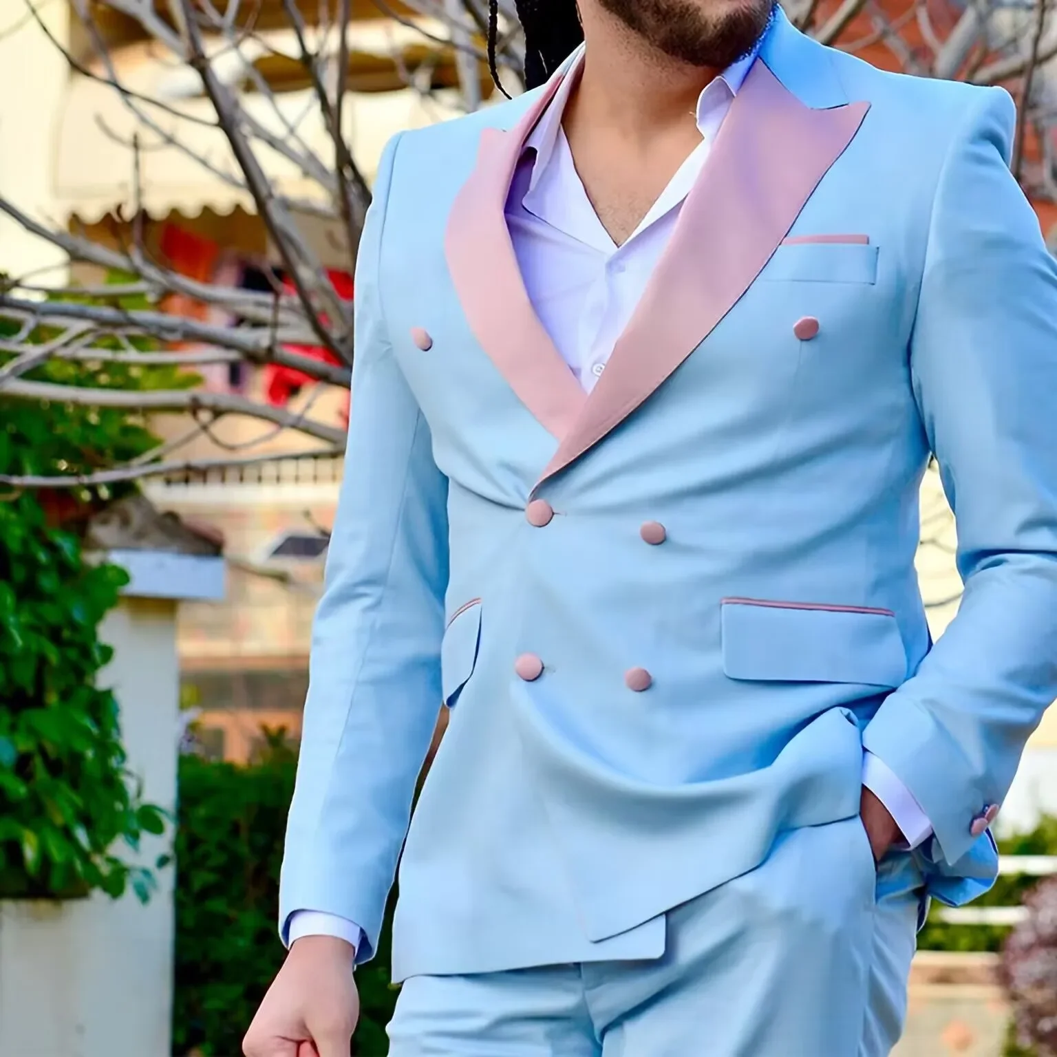 

Men's 2-piece suit, Pink Peak Lapel Double-breasted Tuxedo Sky Blue Fashionable Summer Wedding Party Graduation Dress, Handmade