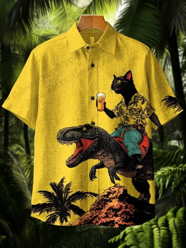 Men Hawaiian Shirt Vacation Dinosaur Shark Cat 3d Print Shirt Casual Short Sleeve Button Lapel Beach Shirts Women Blouse Surfing