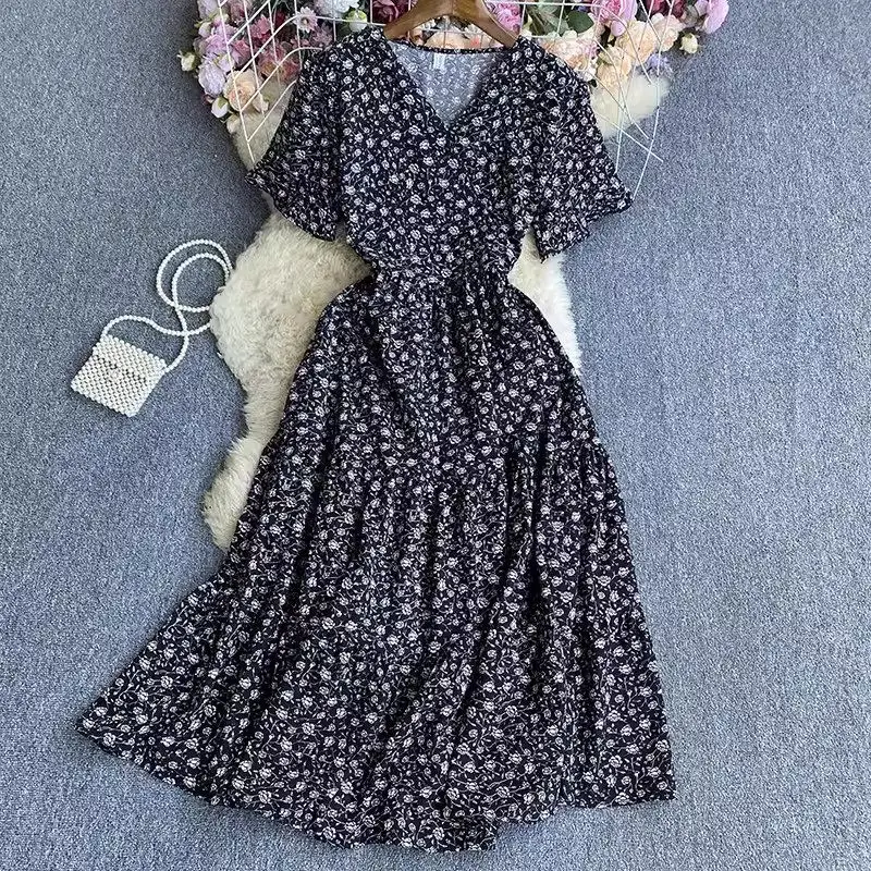 Vestido floral de manga curta feminino, decote em v, estampado retrô coreano, vestido longo para praia, renda, moda verão, Z4932, 2024