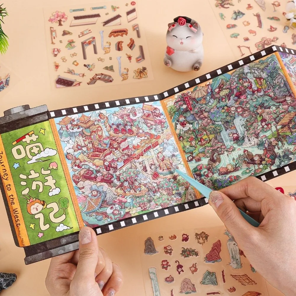 

Meow Gets Into Character 3D Cabin Scene Kawaii Design Scroll Style Pocket Scene Sticker Cartoon Cat DIY Sticker Book
