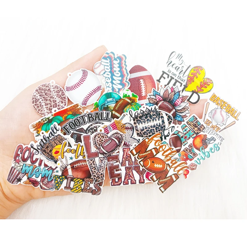 Mixed 20/50PCS Acrylic Baseball Rugby Football Charms Flat Back Planar Pendants for DIY Earrings Hairpin Jewelry Making