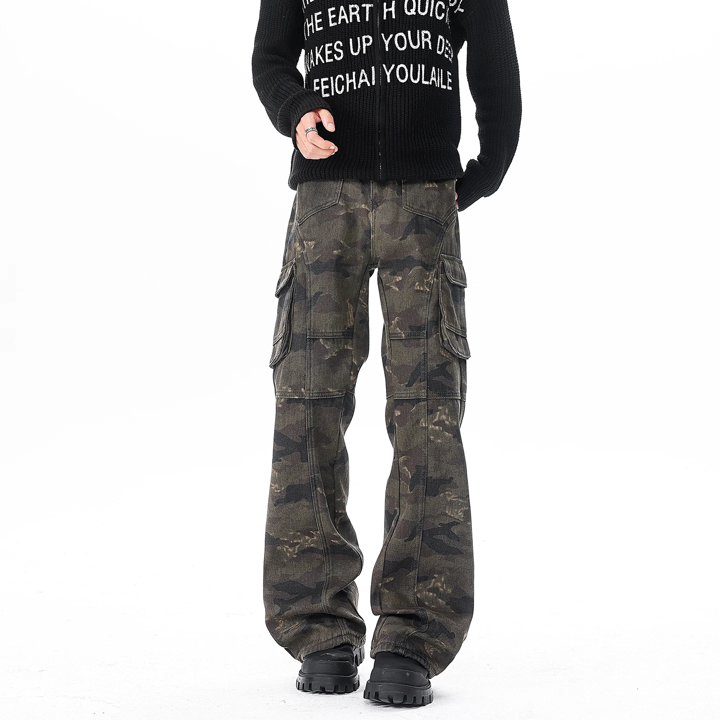 

Мужские модные джинсы - стильные удлиненные брюки-карго с расклешенными штанинами, тактические, для уличной и активного отдыха, для городского образа жизни