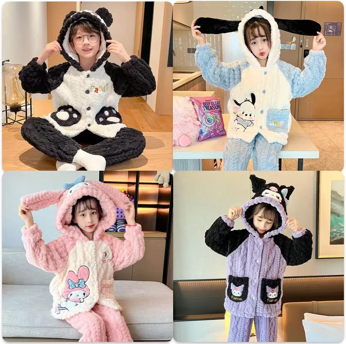 

Kuromi Kids Coral Velvet Pajama Anime Sanrioed Cinnamoroll Melody Autumn Winter Kawaii Girl Warm Sleepwear Loungewear Homewear