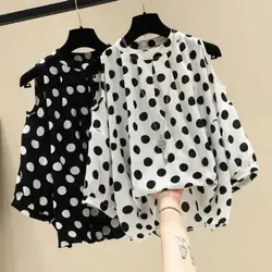 Women Top Round Neck Off Shoulder Polka Dot Printing Blouse Loose Summer Lady Pullover Shirt Top Daily Wear Camisa De Mujer