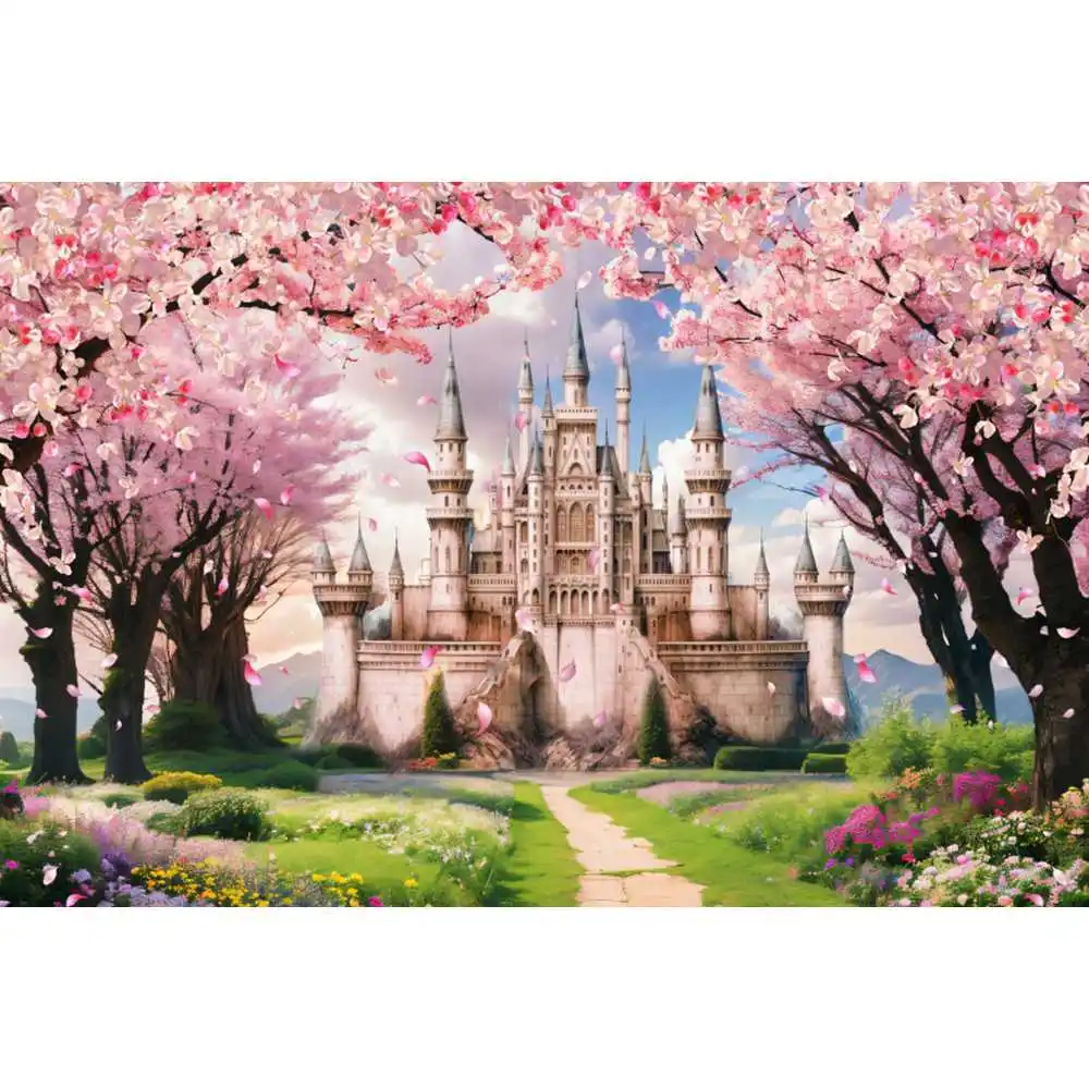 Spring Castle Floral Sea Photography Backdrop Wonderland Park Pink Castle Flower Princess Baby Birthday Wedding Photo Background