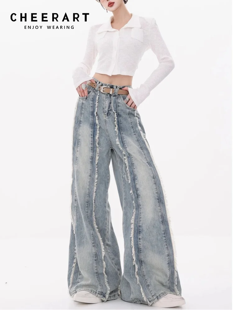 CHEERART Wide Leg Light Blue Jeans Women 2024 Fashion High Waist Patchwork Long Jeans Denim Baggy Pants Street Wear Clothes