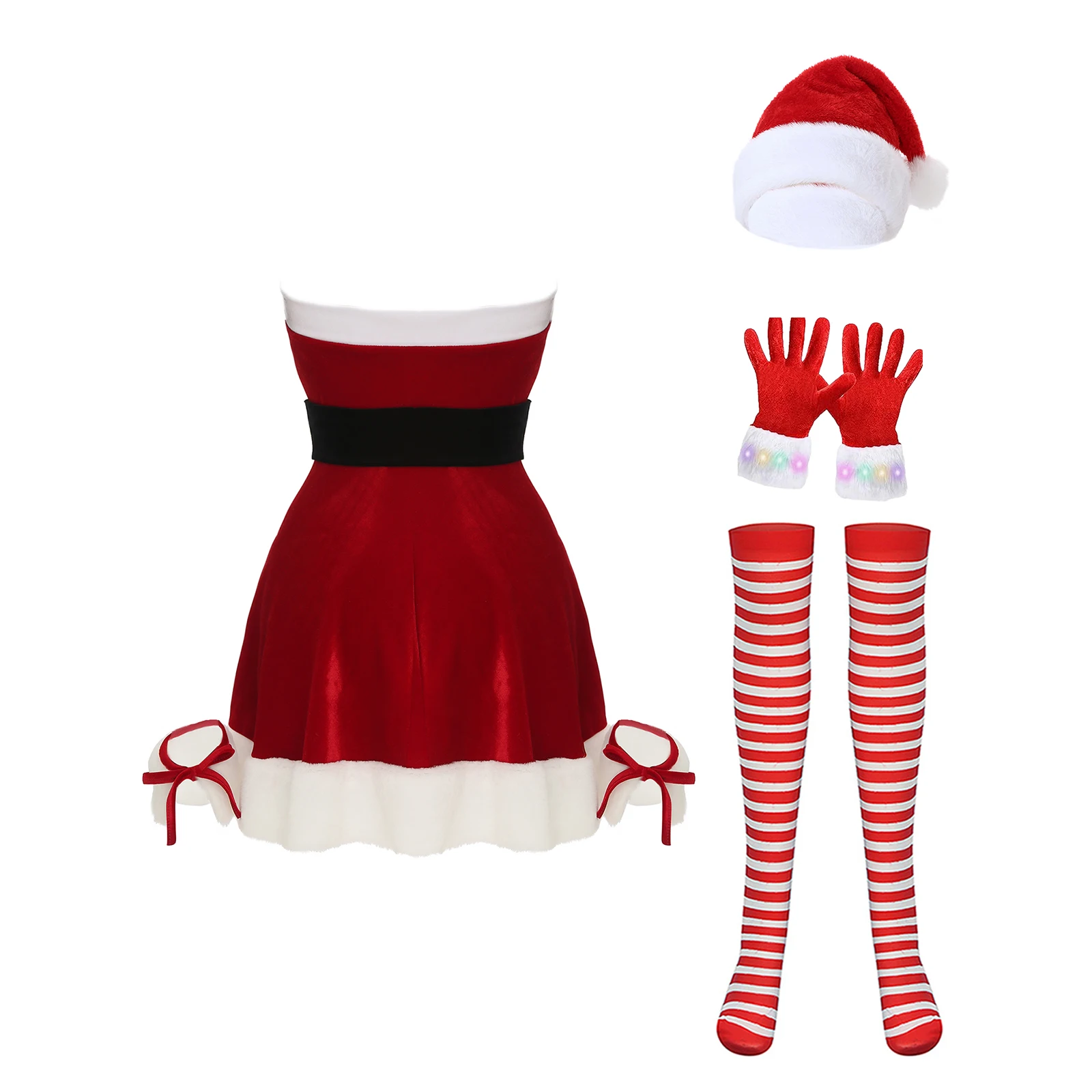 Sissy Women Christmas Role Play Dress Strapless White Trim A-Line Dress with Waist Belt And Stockings Light Up Gloves Hat Set