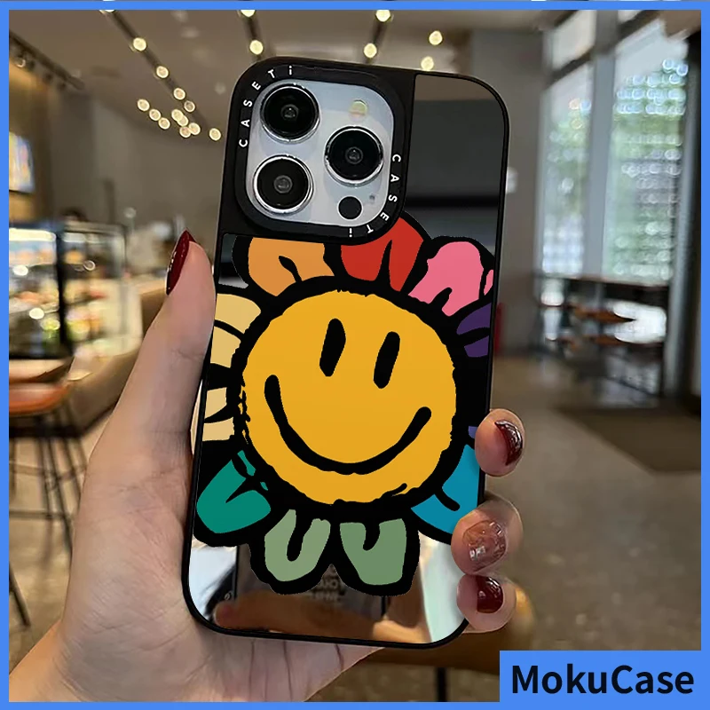 Mirror shockproof Phone Case For iPhone 13 14 13 12 11 15 Pro Max Cute Colorful smiley sunflower For Case 7+8+ XR XsMax