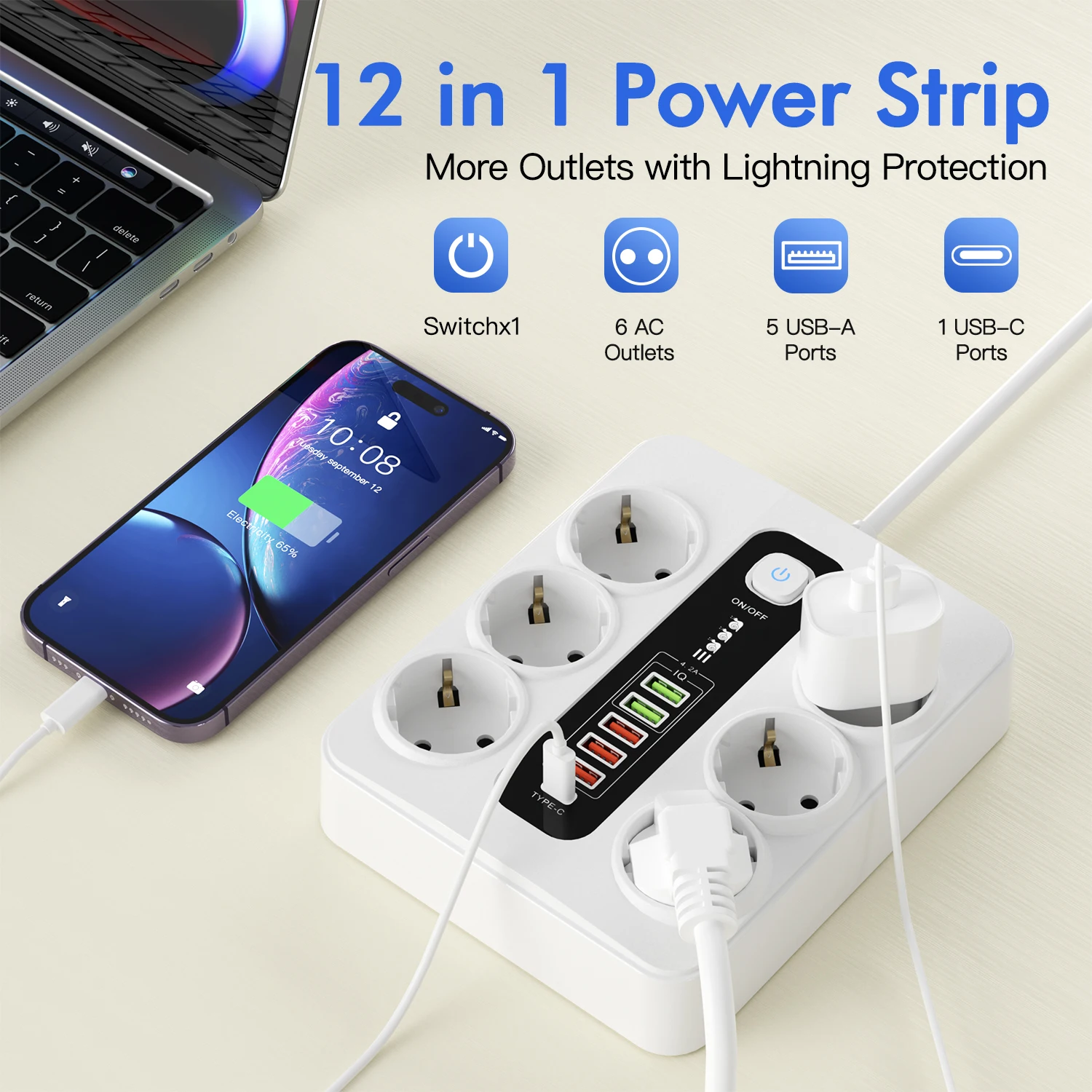Extension Socket With Safety Switch Power Strip For Office Home EU Plug 3000W 2M Cable Overload Protection USB Type C Ports