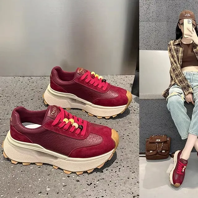

Red Thick Bottom Real Leather Women's Sporty Casual Shoes Fashionable Dad Shoes Low Cut round Toe Breathable Rubber Sole