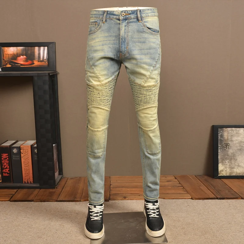 

Джинсы мужские Стрейчевые в стиле ретро, модные байкерские узкие брюки из денима с эффектом потертости, с соединением, в стиле хип-хоп, синие