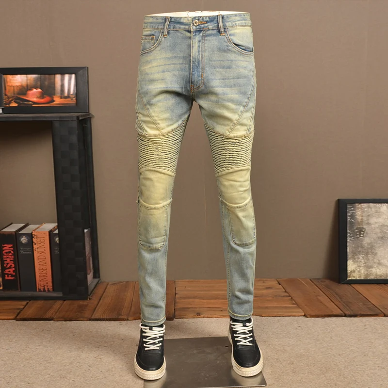 Jeans jeans azul retrô lavado masculino, calça slim fit, jeans de motociclista emendado, hip-hop remendado, moda de rua