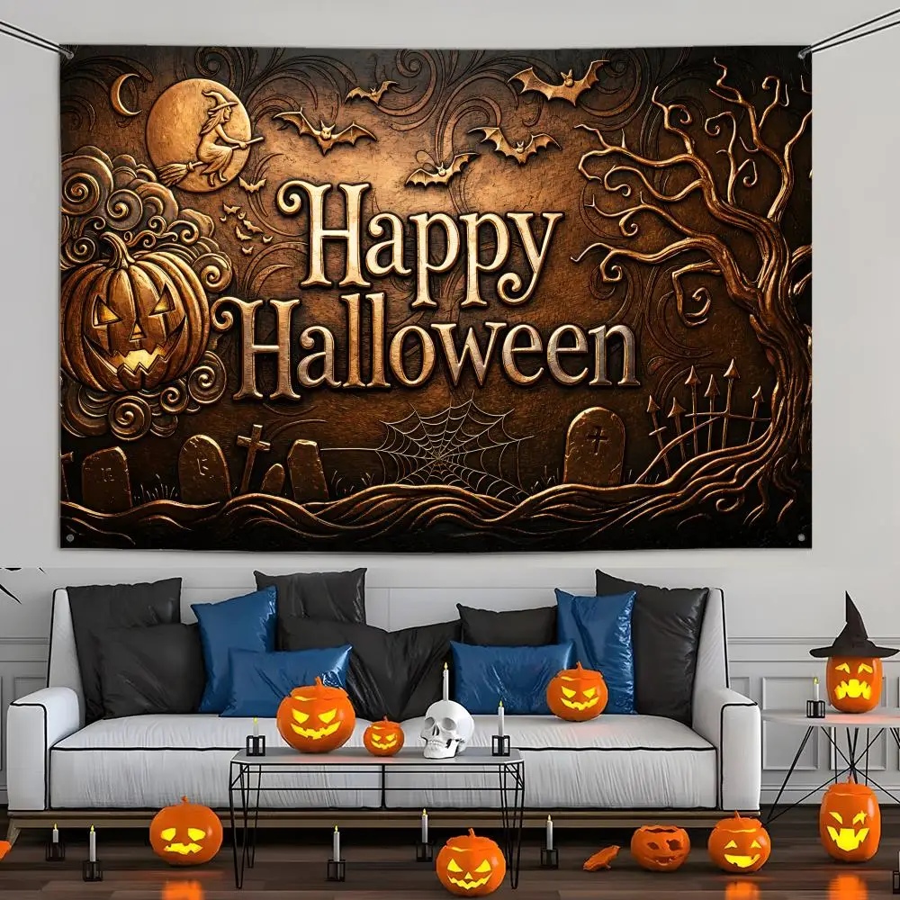 Fröhliche Halloween Kürbis- und Fledermaus-Flaggen Wandbehang Wandteppich Outdoor Dekorative Flagge Hintergrunddecke