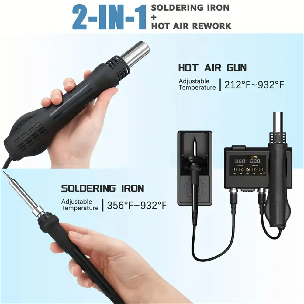 8898 Digital 2-in-1 Adjustable Temperature Soldering Station EU Plug 220V 600W Hot Air Rework 60W Soldering Iron for PCB Welding