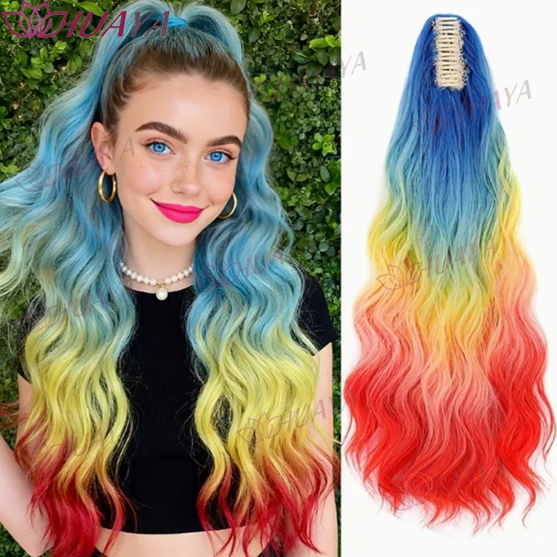 26 Inch Synthetic Long Wavy Rainbow Gradient Ponytail Wig, Claw Clip Hairpiece, Blue Yellow Red Ombre Ponytail for Women, Easy t