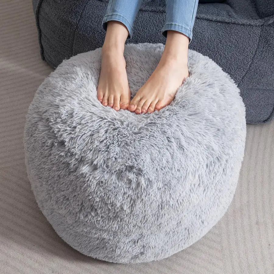 

Round Stuffed Pouf Ottoman, Long Faux Fur Poufs with Foam Chunk Filling, Fluffy and Furry Pouf Foot Stool Storage Ottoman, 20 X