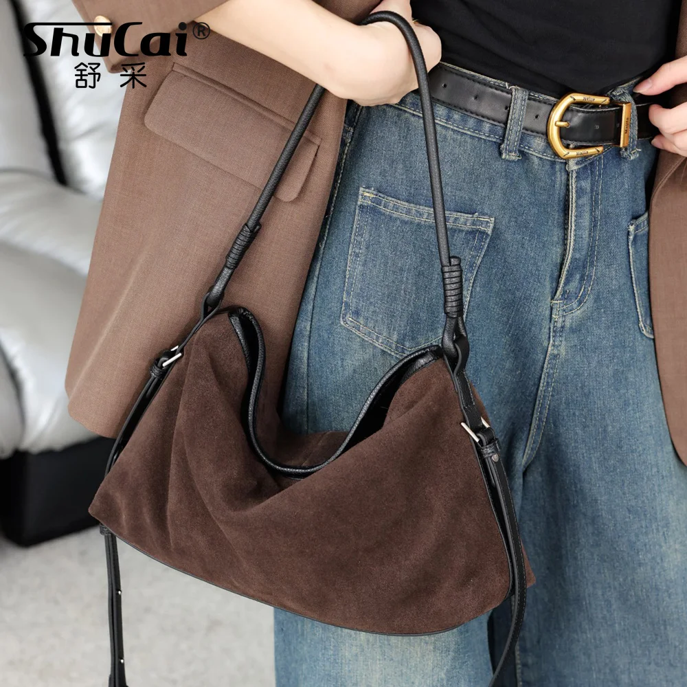 

Genuine Grade Soft Leather Women's Black Shoudler Crossbody Bag Luxury Designer Large Ladies Coffe Suede Handbag High Quality